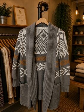 Roxy Gray and Tan Patterned Shawl Collar Cardigan